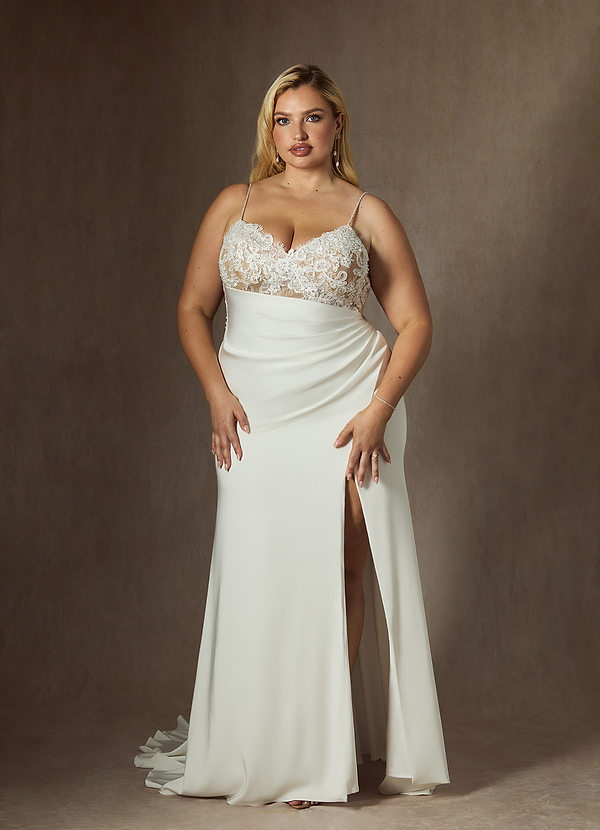 Azazie Nyx Robe de Mariée Robe Sirène en Satin extensible Col V à paillettes Diamant Nude image1