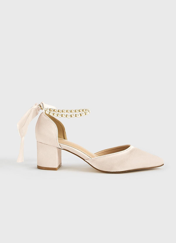 front Matching Color Matte Satin Pearl and Bow Pointed Toe Block Heels