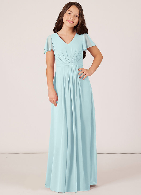 Azazie Peony Junior Robe Trapèze en Mousseline de soie Plissée Verre De Mer image1