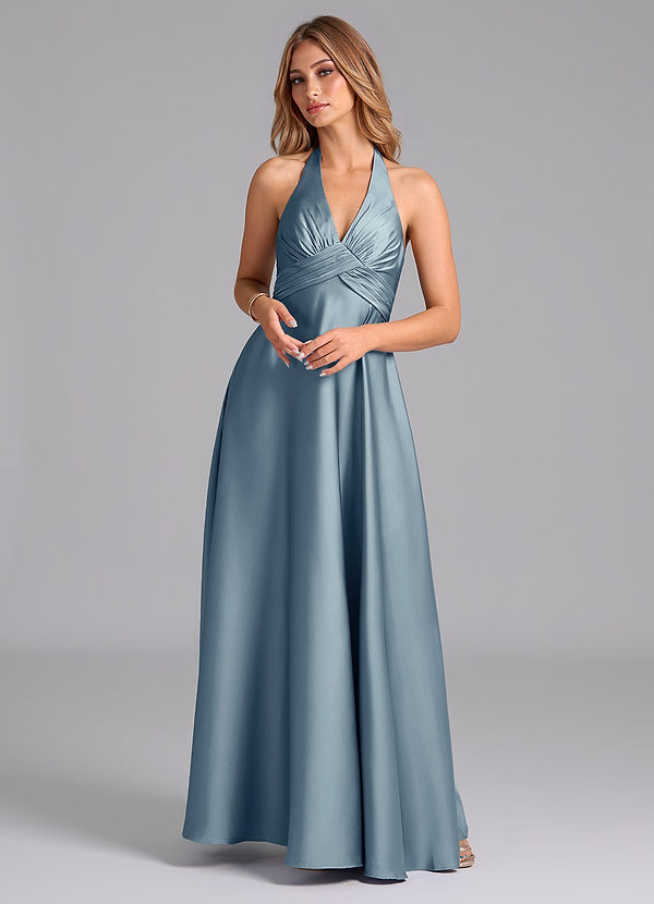 Azazie Tessie Bridesmaid Dresses Dusty Blue A-Line Pleated Stretch Satin Dress image1
