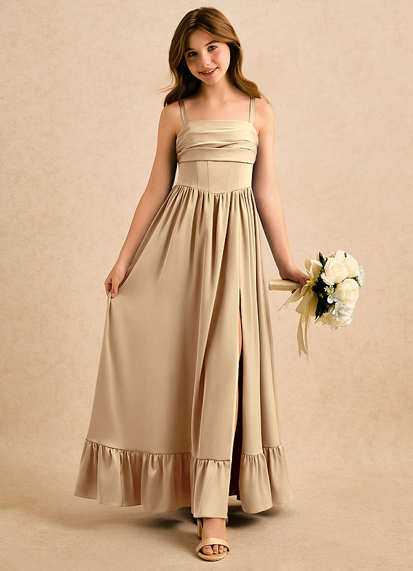 Azazie Maisie Girls Formal Sukienki dla dziewczynek sypiących kwiaty Linia A Marszczony Satyna elastyczna Długość podłogi Sukienka image1