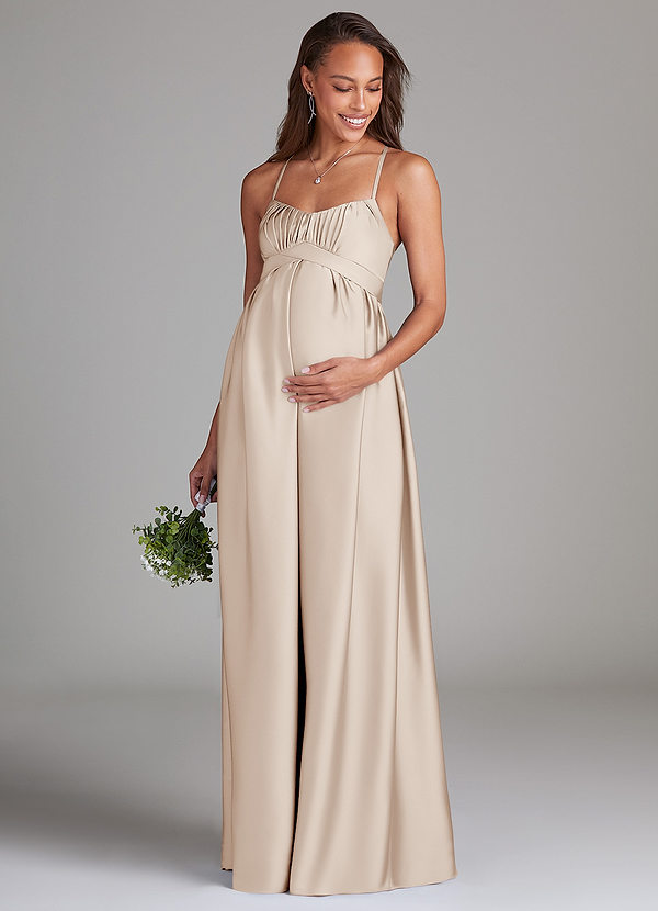 Azazie Llana Maternity Bridesmaid Dresses A-Line Stretch Satin Floor-Length Dress with Pockets image1