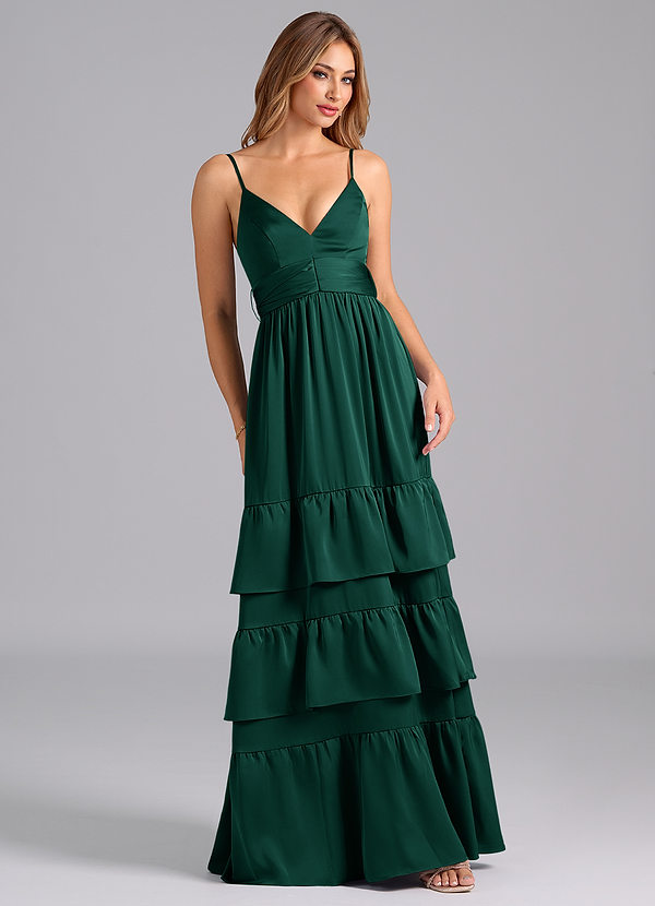 Azazie Nathalia Bridesmaid Dresses Emerald A-Line Pleated Stretch Satin Dress image1