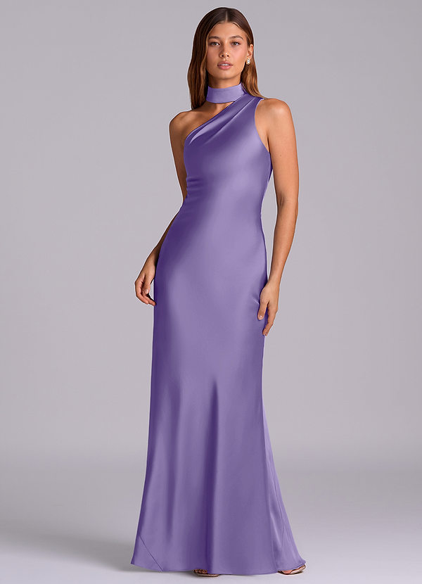 Azazie Seona Vestidos de Dama de Honor Vestido Taiti de Cetim elástico de sereia com Ombro Único image1