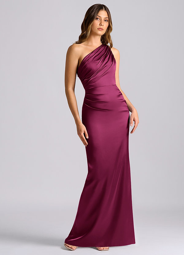 Azazie Akilah Bridesmaid Dresses Red Plum Mermaid One Shoulder Stretch Satin Dress image1