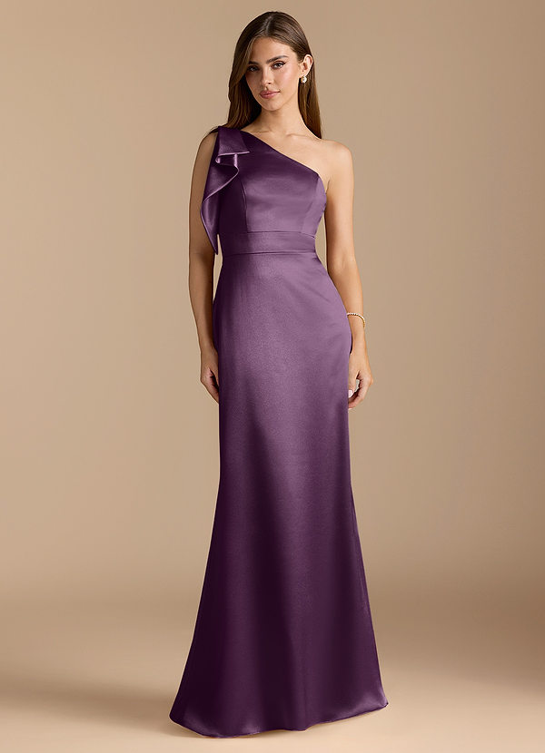 Azazie Rinna Bridesmaid Dresses Plum Mermaid Ruched Metallic Satin Dress image1