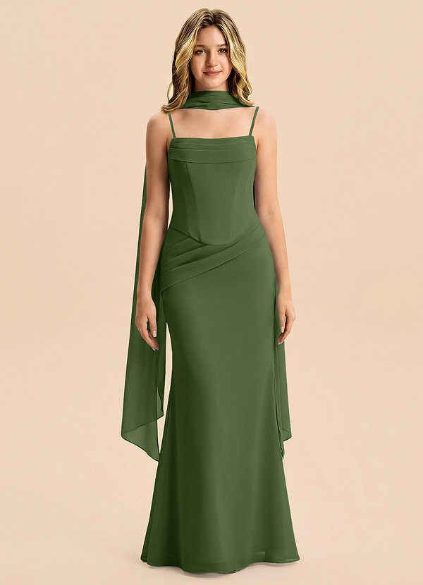Azazie Sorrel Junior Olive Mermaid Pleated Chiffon Dress image1