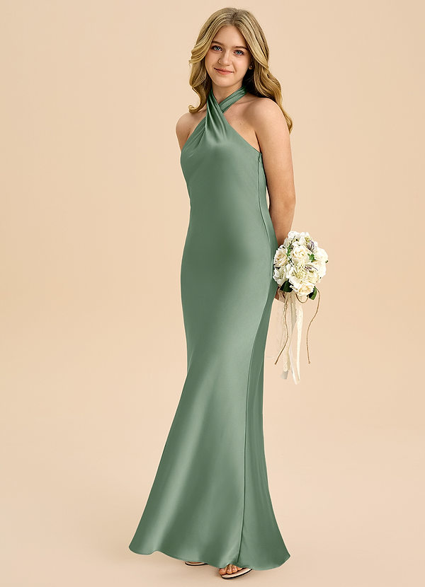 Azazie Chickie Junior Matcha Sheath Pleated Stretch Satin Dress image1