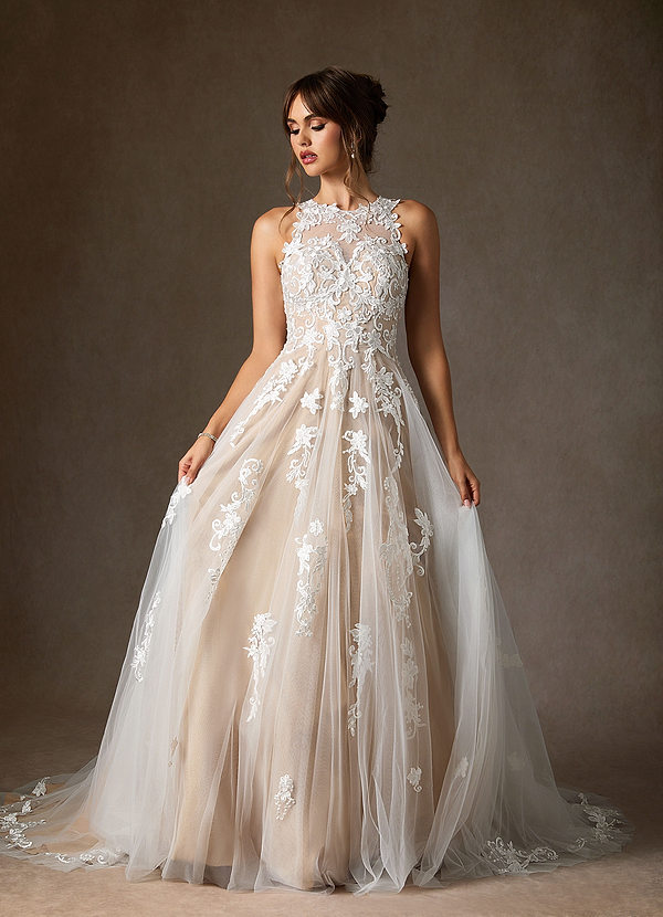Azazie Melrose Diamond White Nude A-Line Sweetheart Lace Tulle