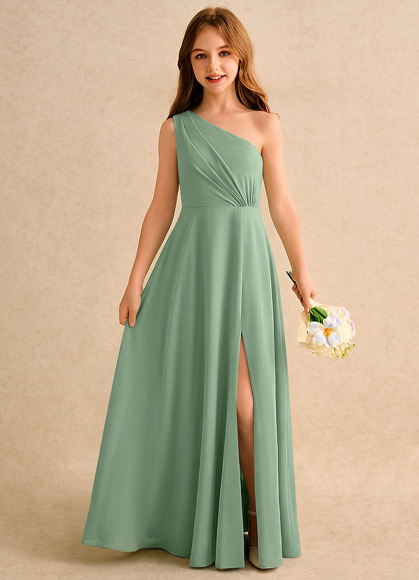 Azazie Puddles Girls Formal Robes de Fillette d'Honneur Robe Trapèze en Mousseline de soie Une épaule Matcha image1