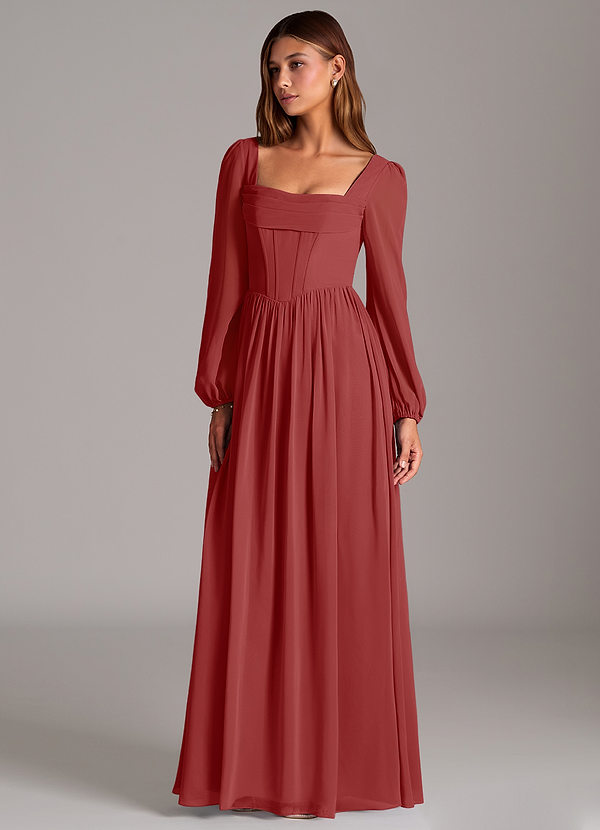 Azazie Maree Bridesmaid Dresses Rust A-Line Corset Chiffon Dress image1