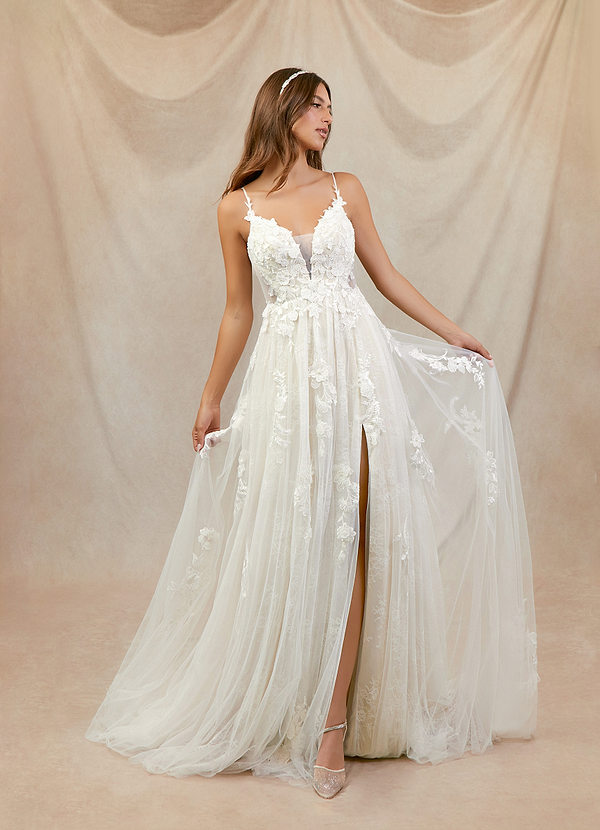Azazie Monda Wedding Dresses A-Line Lace Tulle Chapel Train Dress image1