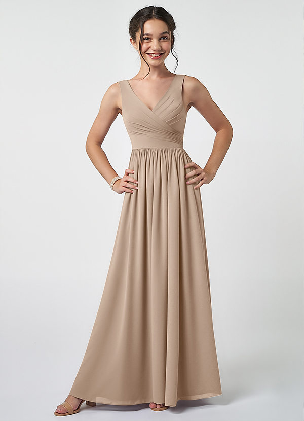 Azazie Keyla Junior A-Linie Plissee Chiffon Kleid Taupe image1