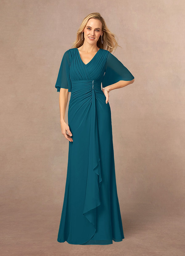 Azazie Carson Mother of the Brides Dresses Ink Blue A-Line V-Neck Lace Chiffon Dress image1