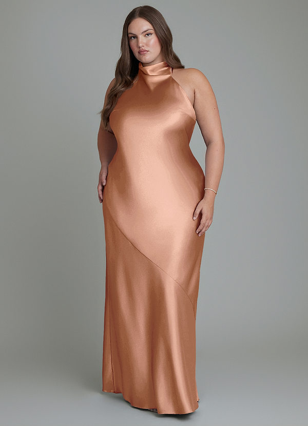 Azazie Velli Bridesmaid Dresses Bronzer Sheath High Neck Metallic Satin Dress image1