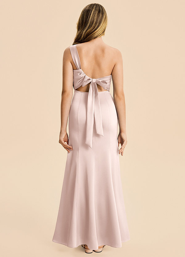 Azazie Ren Junior Blushing Pink A-Line Pleated Stretch Satin Dress image1