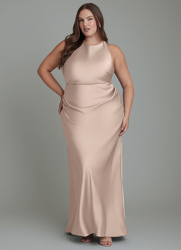 Azazie Evadne Vestidos de dama de honor Vestido Rosa Inglesa de Satén Elástico de Corte Recto con Plisado image1