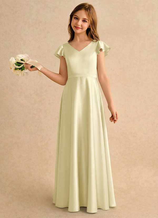 Azazie Nari Girls Formal Vestidos de Niña de Flores Vestido de Sorbete De Limón de Satén Elástico de Corte en A con Con mangas image1