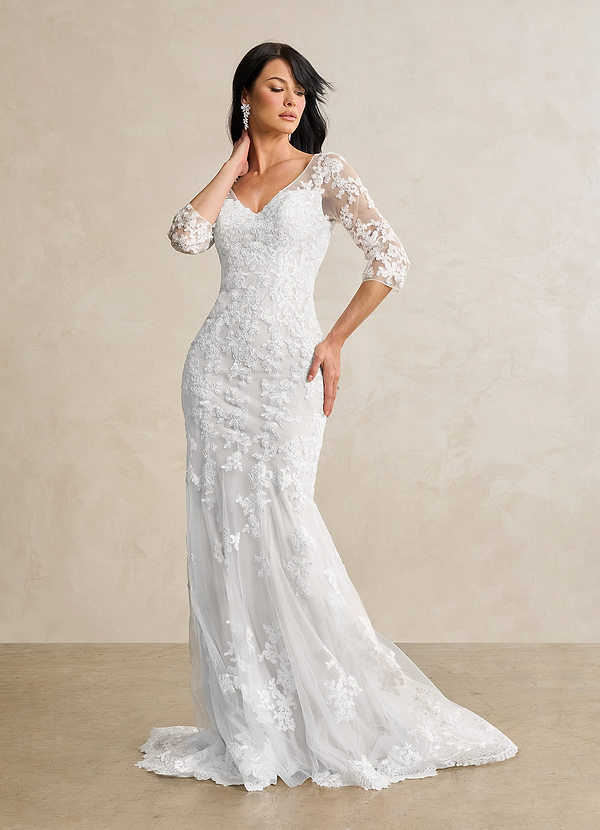 Azazie Neela Wedding Dresses Diamond White Mermaid V-Neck Lace Tulle Dress image1