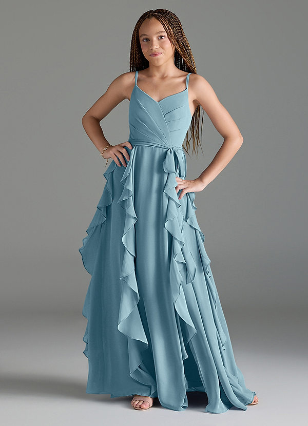 Azazie Peyton Junior Vestido de Azul Malhumorado de Gasa de Corte En A con Volantes en cascada Cuello en V image1