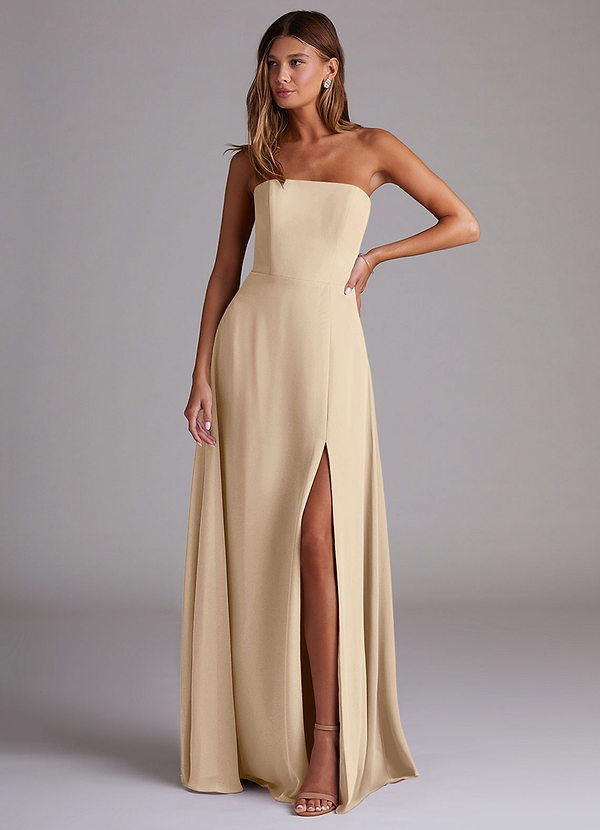 Azazie Wren Bridesmaid Dresses Champagne A-Line Side Slit Chiffon Convertible Dress image1