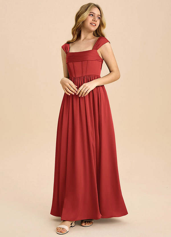 Azazie Hattie Junior Pomegranate A-Line Pleated Stretch Satin Dress image1