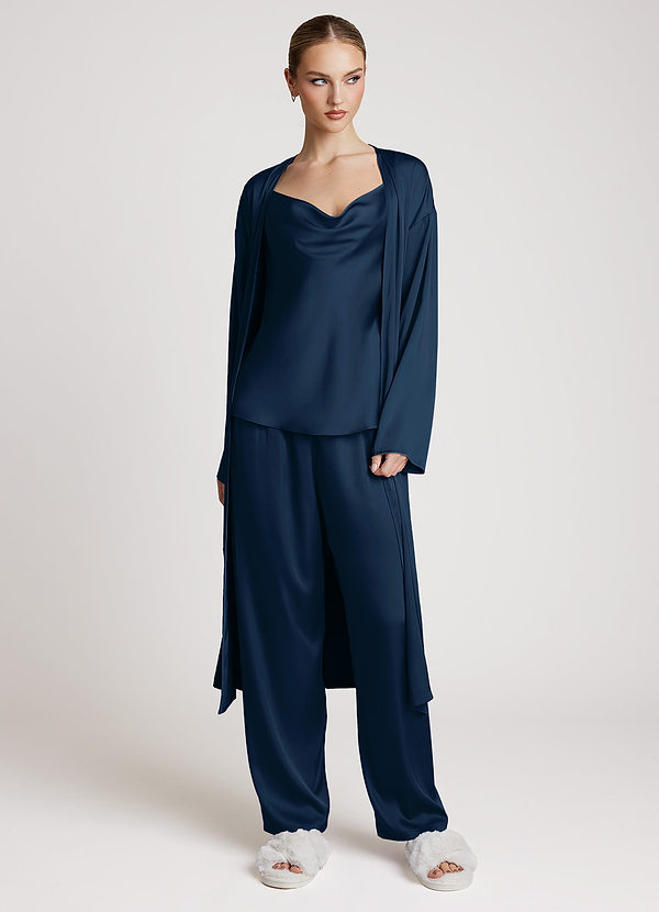 front Donkere Marine Satijnen loungewearset met lange mouwen, 3-delig