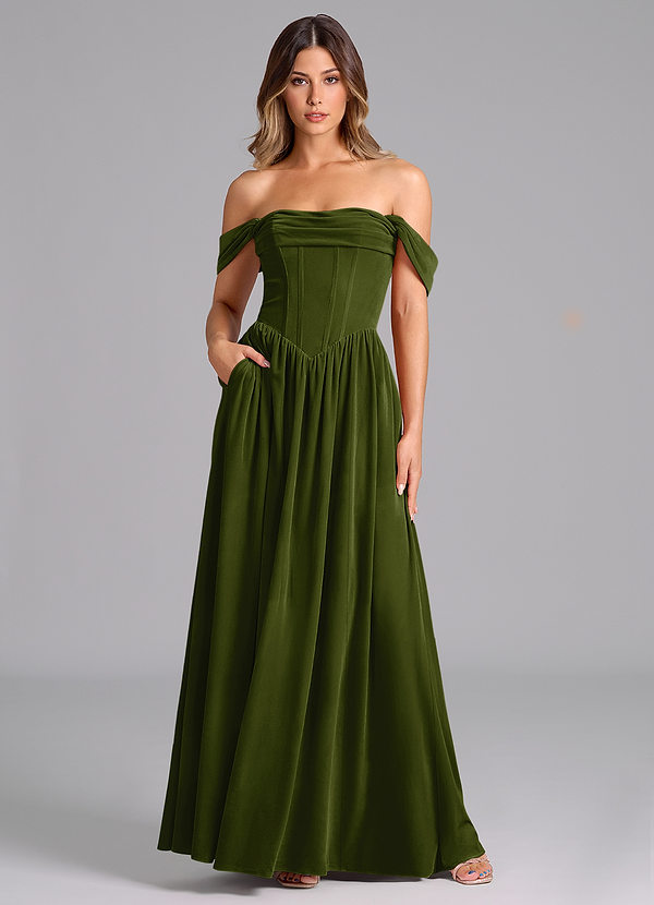 Azazie Hattie Bridesmaid Dresses Olive A-Line Ruched Velvet Dress image1