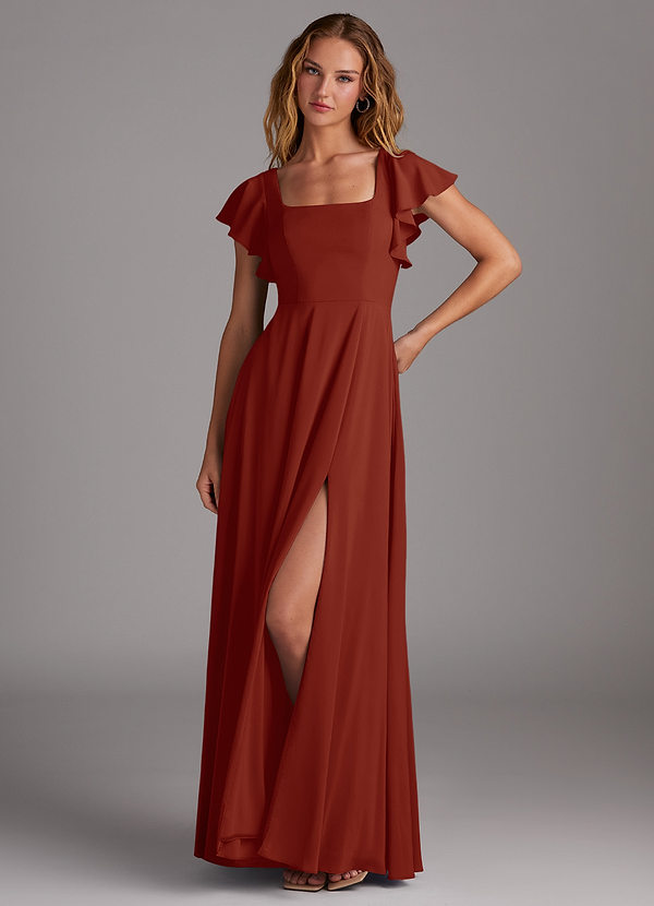 Azazie Bondi Robes Demoiselle d'honneur Robe Trapèze en Mousseline extensible Fente Latérale Rouille image1