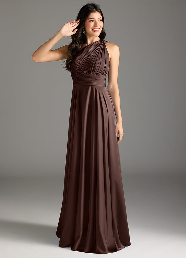 Azazie Charlize Bridesmaid Dresses Ganache A-Line One Shoulder Stretch Satin Dress image1