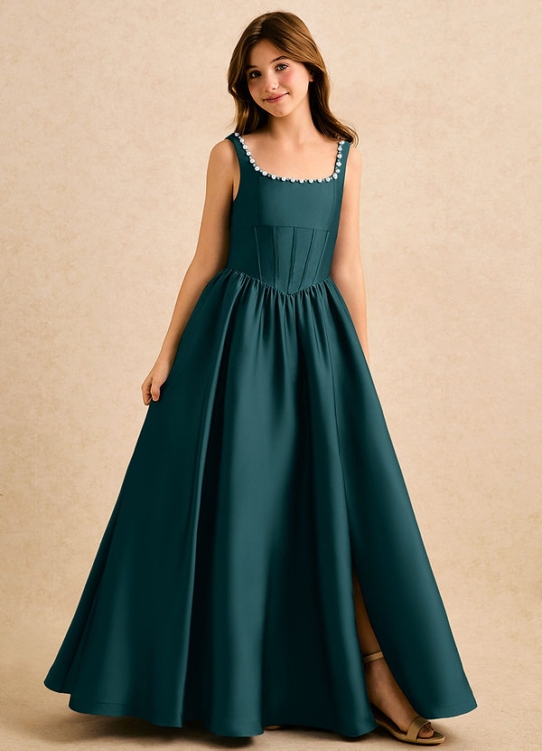 Azazie Enid Girls Formal Blomsterpigekjoler A-Line Perlebesat Stræk satin Gulv-længde Kjole image1