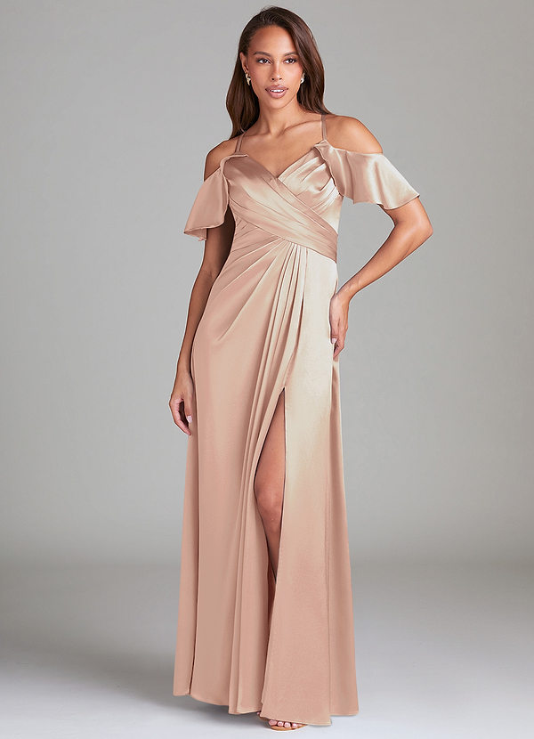 Dakota A-Line Off the Shoulder Metallic Satin Dress