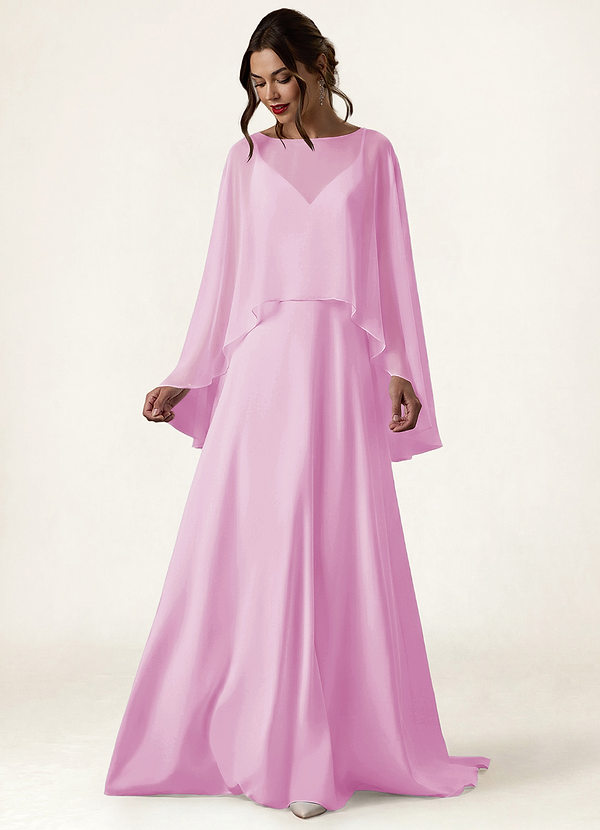 front Azazie Passende Chiffon-Cape mit asymmetrischem Saum und transparentem Schnitt.