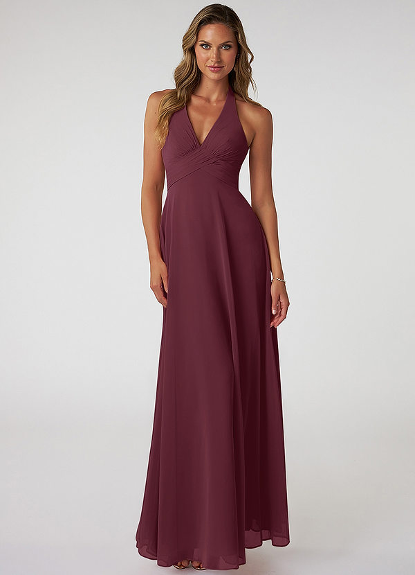 Azazie Tessie Vestidos Dama de Honor Vestido de Cabernet de Gasa de Corte en A con Cuello en V plisado image1