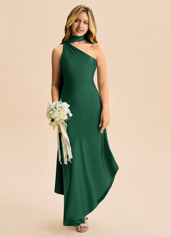 Azazie Briony Junior Dark Green Sheath Pleated Stretch Satin Dress image1