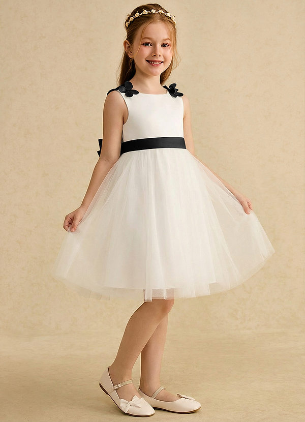 Azazie Lona Abiti da Ragazza di Fiori Abito A-Line in Raso Opaco Fiocco Avorio Nero image1