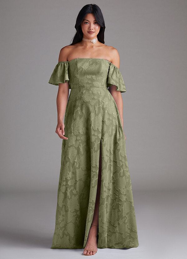 Azazie Sue Vestidos de Dama de Honor Vestido Pistache de Esgotamento Floral de Linha A com Ombros Caídos image1