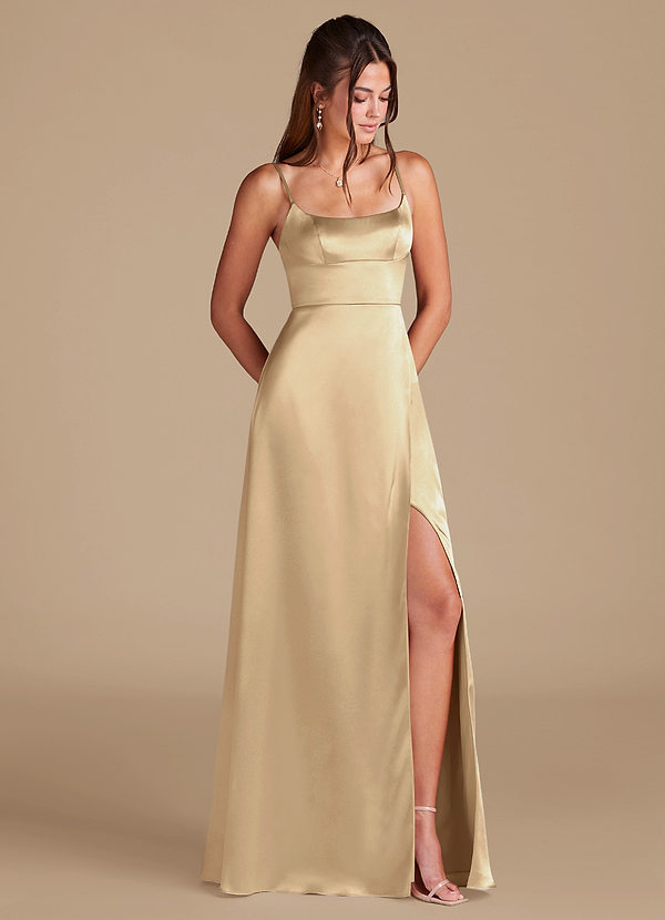 Azazie Halsey Brautjungfernkleider A-Linie Seitliche Cut-Outs Metallischer Satin Kleid Champagner image1