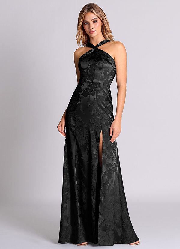 Azazie Rue 신부 들러리 드레스 쉬스 주름진 자카드 바닥 길이 드레스 image1