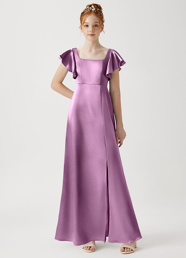 Azazie Bondi Junior Wisteria A-Line Side Slit Metallic Satin Dress image1