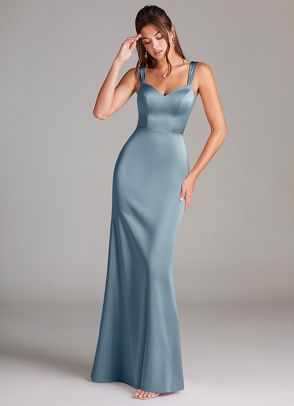 Azazie Denice Bridesmaid Dresses Dusty Blue Sheath Pleated Stretch Satin Dress image1