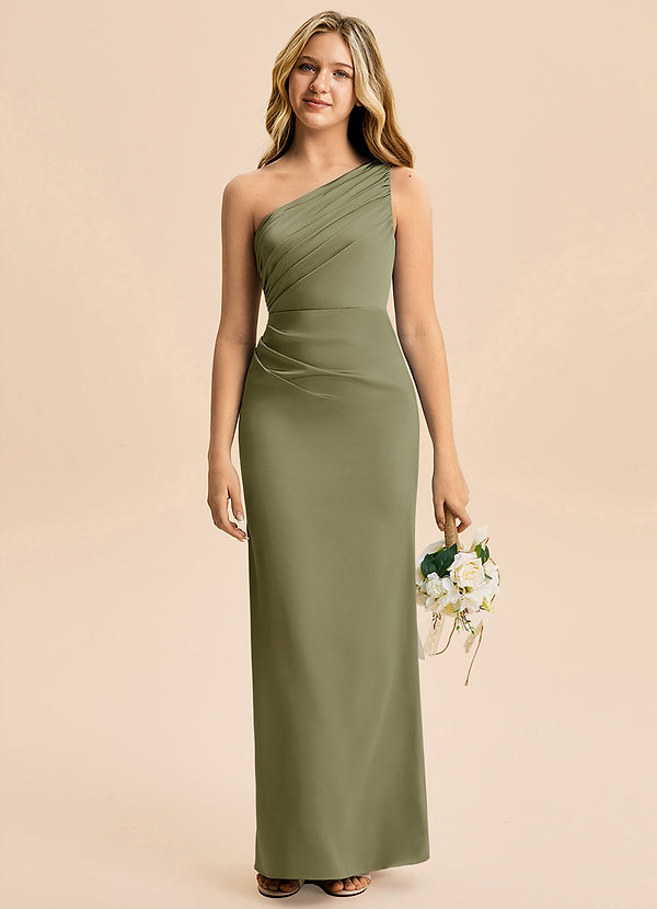 Azazie Akilah Junior Pistachio Sheath Pleated Stretch Satin Dress image1