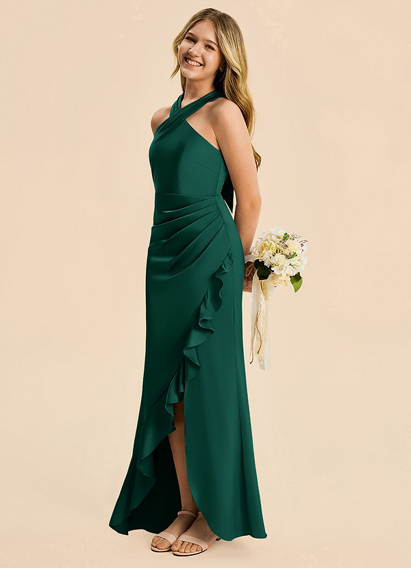 Azazie Thea Junior Emerald Sheath Ruched Stretch Satin Dress image1