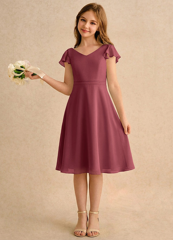 Azazie Narin Girls Formal Flower Girl Dresses Merlot A-Line with Sleeves Chiffon Dress image1