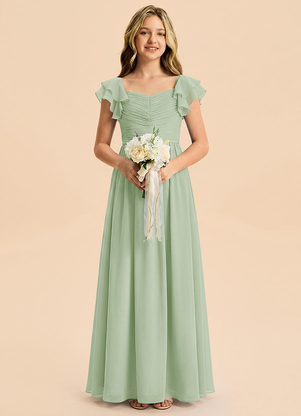 Azazie Anaya Junior Abito A-Line in Chiffon Scollo a Cuore Verde Salvia image1