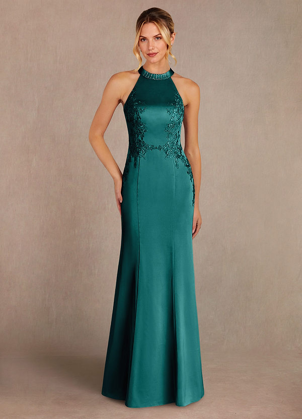 Azazie Tyra Vestidos de Madre de la Novia Vestido de Pavo Real de Satén Elástico de Sirena con Encaje image1
