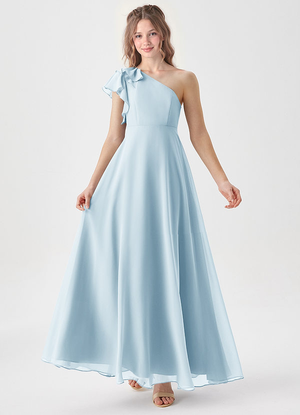 Azazie Arabella Junior Robe Trapèze en Mousseline de soie Rayé Bleu Ciel image1