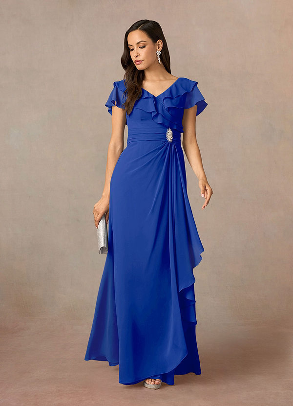 Azazie Snapdragon Mother of the Brides Dresses Royal Blue A-Line V-Neck Ruched Chiffon Dress image1