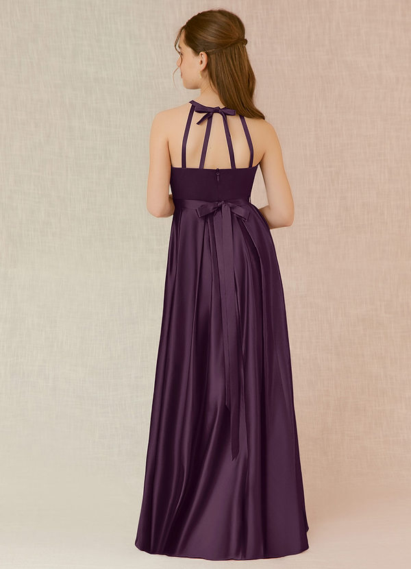 Azazie Arianthe Junior Vestido de Ciruela de Satén Elástico de Corte En A con Con bolsillos image1