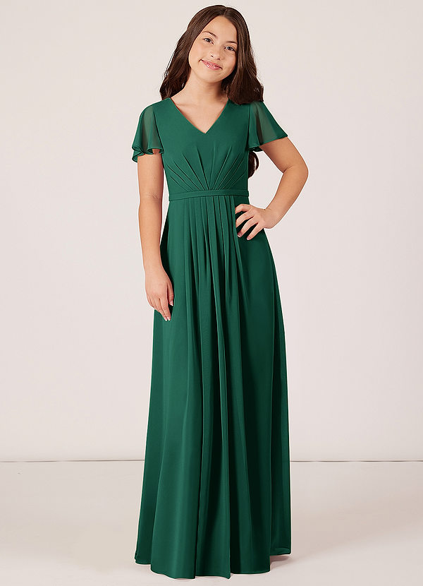 Azazie Peony Junior Robe Trapèze en Mousseline de soie Plissée émeraude image1